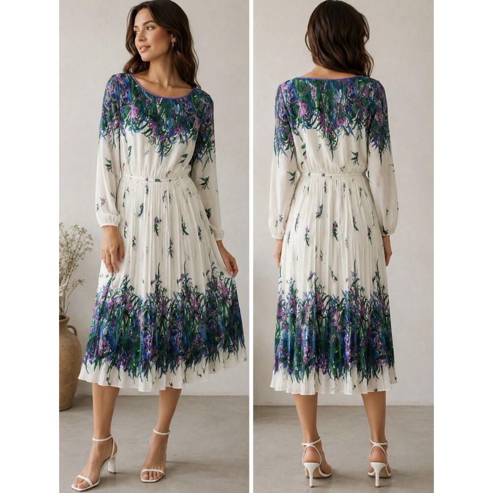 Vintage Hal Ferman Floral Pleated Midi Dress Made in USA Purple Iris Print Sz 10
